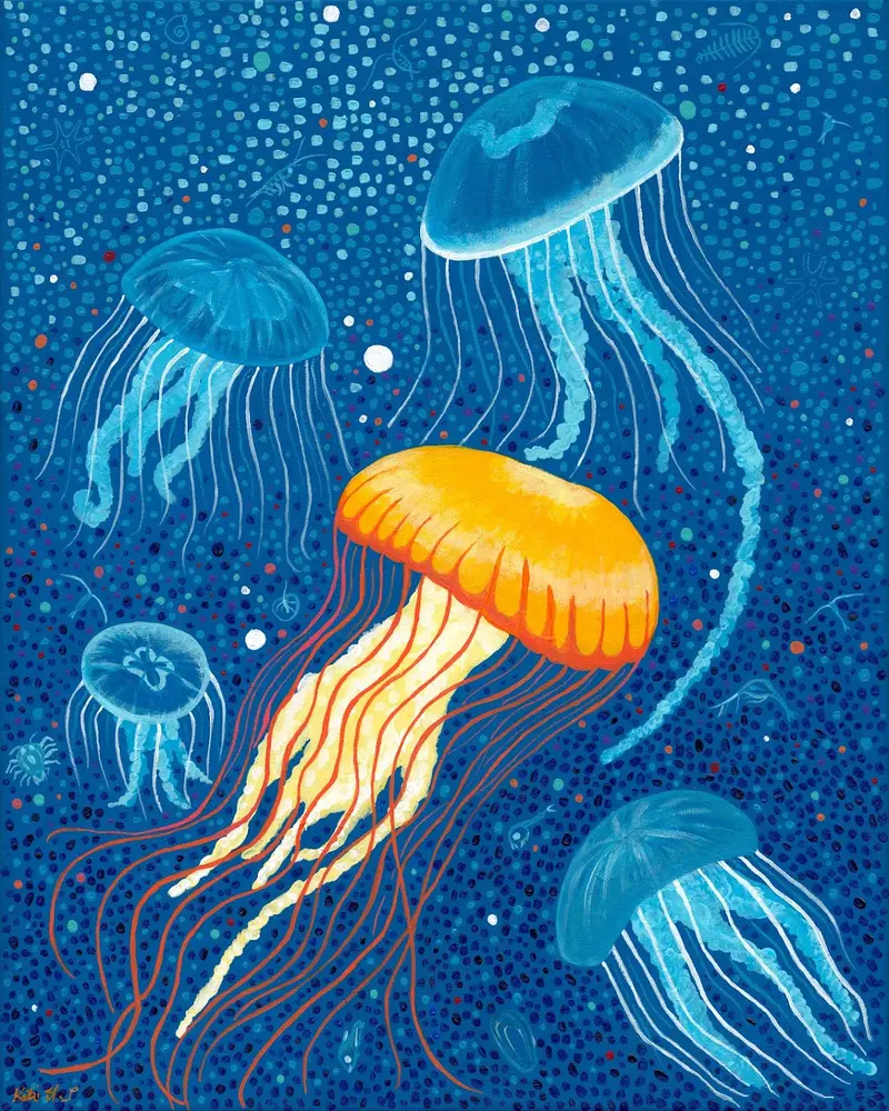 A large marigold-orange jellyfish drifts at the centre of a densely stippled cobalt blue sea, trailing long coral-red and cream tentacles. Four pale blue jellyfish float around it. The water is made of thousands of painted dots of plankton, and faint ghost outlines of starfish, crabs, and small fish are hidden throughout the field.