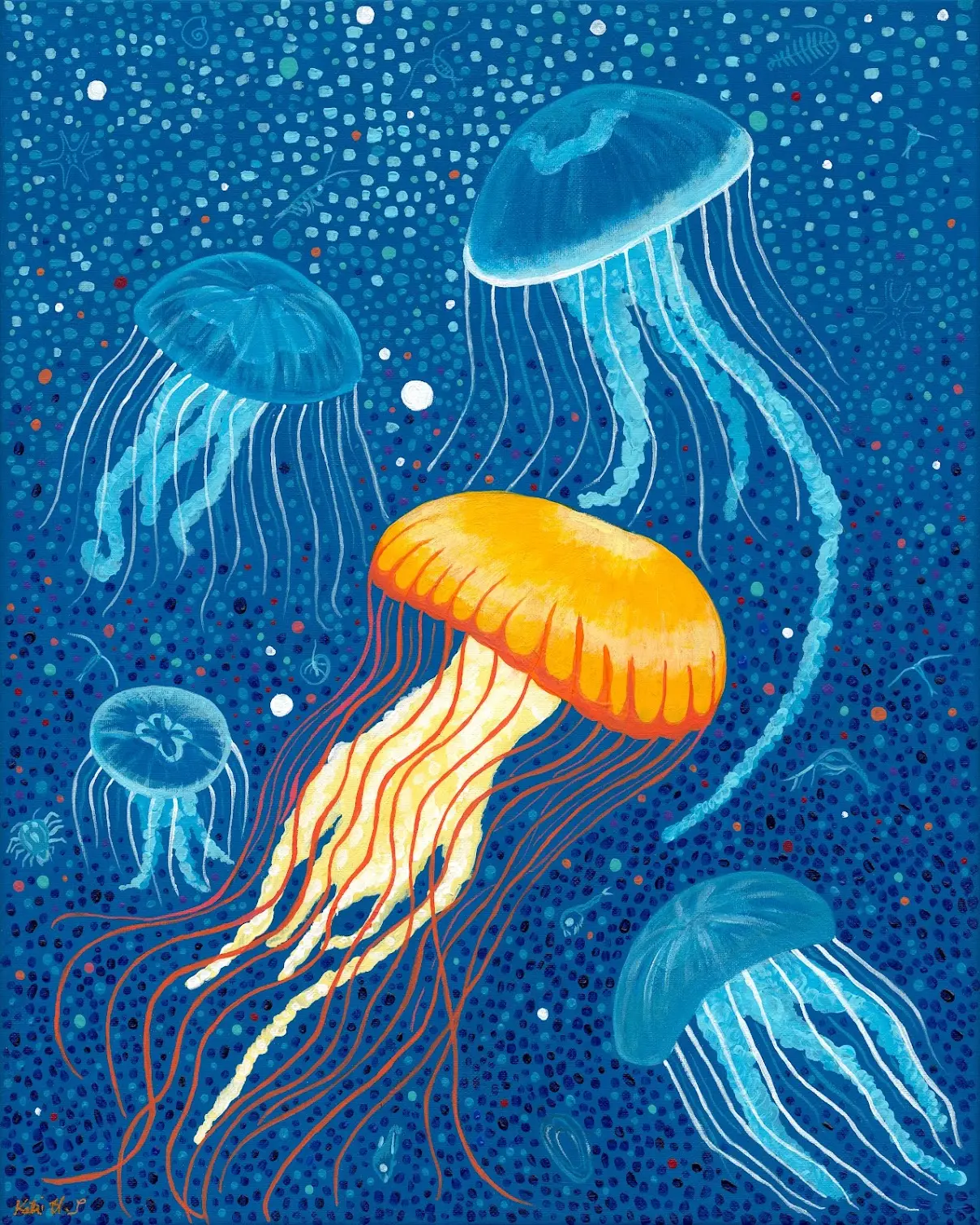 A large marigold-orange jellyfish drifts at the centre of a densely stippled cobalt blue sea, trailing long coral-red and cream tentacles. Four pale blue jellyfish float around it. The water is made of thousands of painted dots of plankton, and faint ghost outlines of starfish, crabs, and small fish are hidden throughout the field.