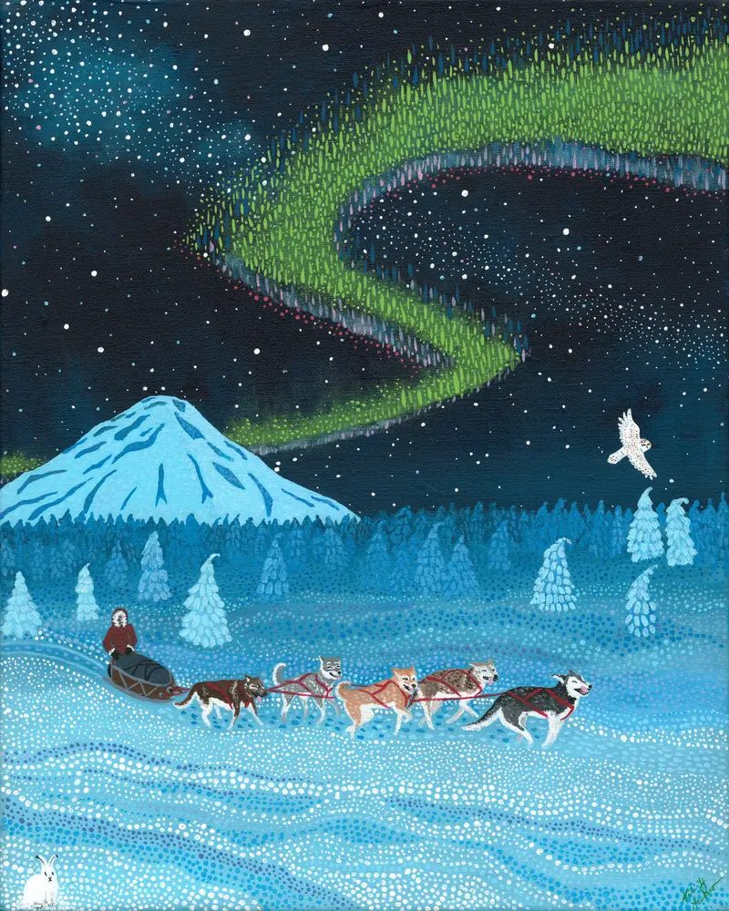 A musher in a red parka drives a team of six sled dogs across pale blue snowfields at night. Behind them a snow-covered volcanic peak rises above a dark treeline, a green and rose aurora ribbons across a star-filled sky, a snowy owl flies at the right, and a white hare sits in the foreground snow.