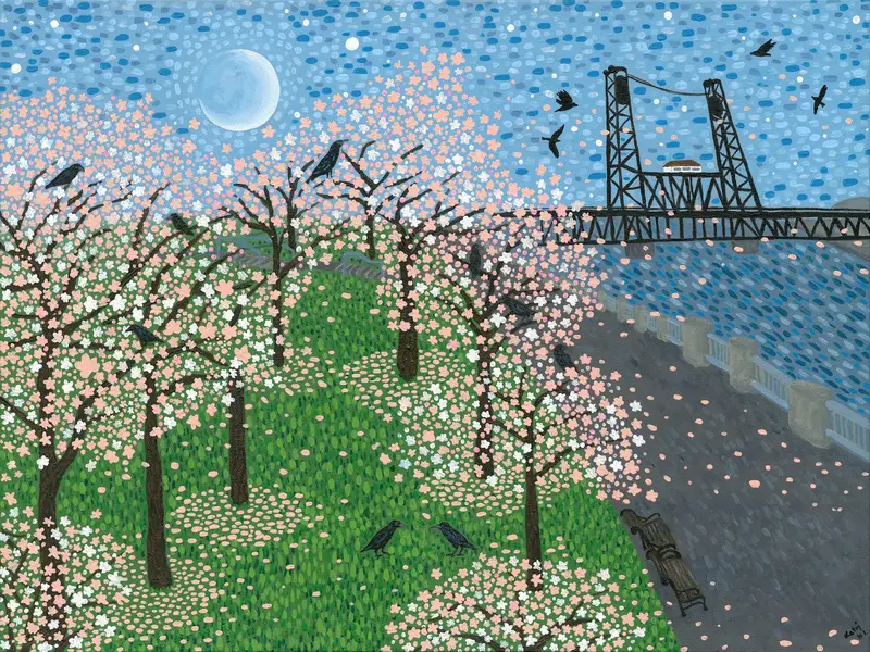 Cherry trees in full pink and white blossom line the grass along Portland's waterfront, with fallen petals scattered across the lawn and path. The Steel Bridge crosses the Willamette River at the right beneath a stippled blue sky holding a pale moon. Crows perch in the branches, walk on the grass, and fly overhead.